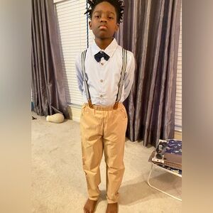 Boy’s Khaki pants and shirt with suspenders and Bow tie Size Medium 10/12 (Cart